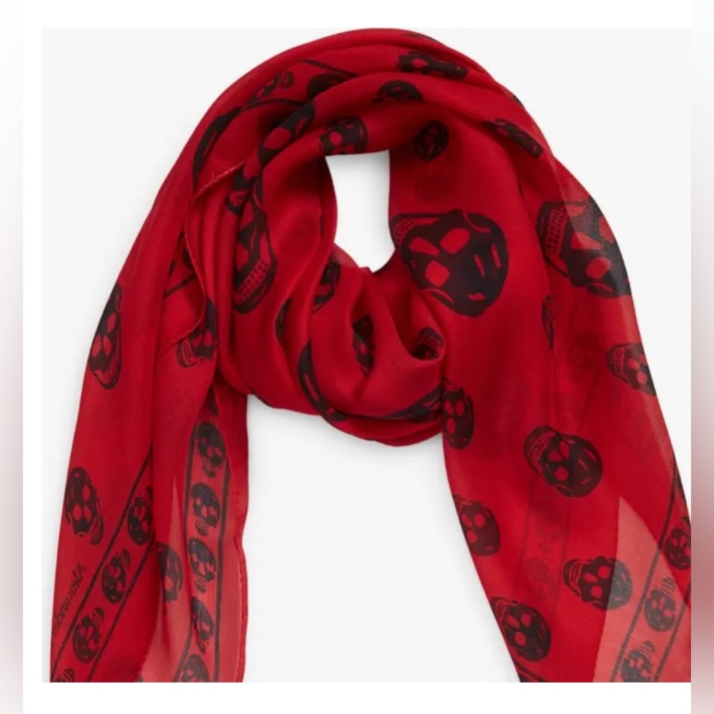 Alexander McQueen Red and Black Skull Print Silk Scarf